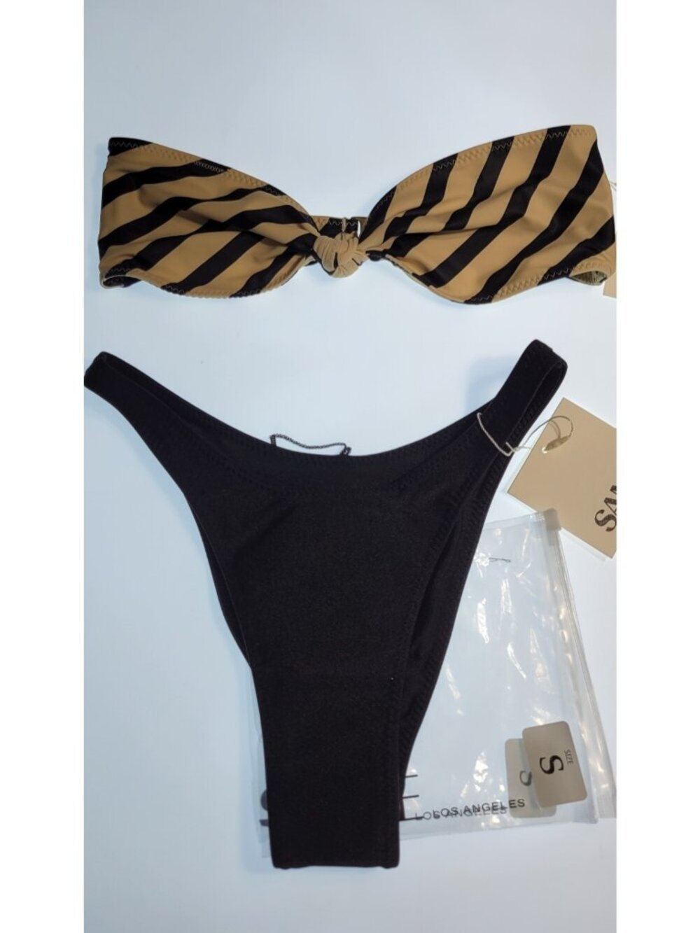SAME Los Angeles Bandeau Bikini Set Black Tan Striped Size S New